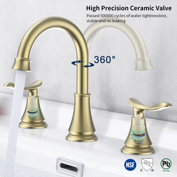 2-Handle 8 inch Widespread Bathroom Sink Faucet Brushed Gold Lavatory Faucet 3 Hole 360° Swivel Spout Vanity Sink Basin Faucets 3007B-NA[Unable to ship on weekends, please place orders with caution]