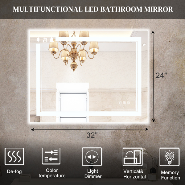 FCH 32*24in Christmas Elements Aluminum Alloy Rectangular Built-In Light Strip With Anti-Fog Touch Adjustable Brightness Power-Off Memory Three-Tone Lighting Bathroom Mirror Silver