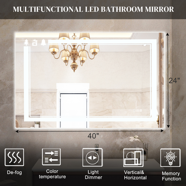 FCH 40*24in Christmas Elements Aluminum Alloy Rectangular Built-In Light Strip With Anti-Fog Touch Adjustable Brightness Power-Off Memory Three-Tone Lighting Bathroom Mirror Silver