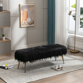 Faux Fur Plush Ottoman Bench, Modern Fluffy Upholstered Bench for Entryway Dining Room Living Room Bedroom, Black