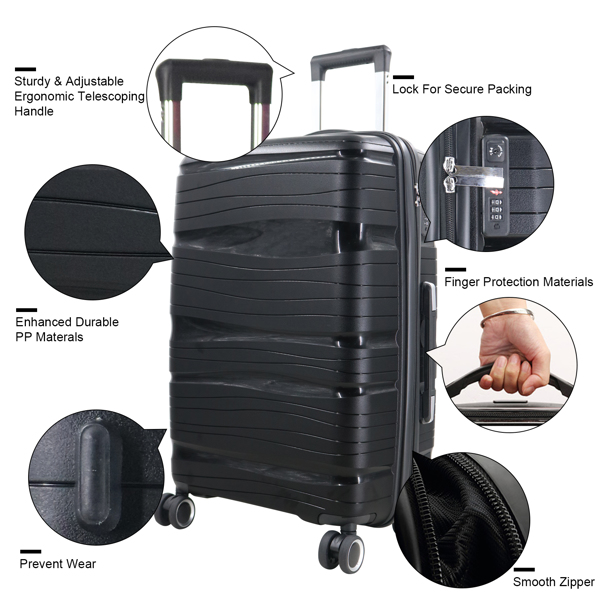 3 Piece Set Travel Luggage Hard shell Suitcase PP material Super light Anti-scratch Luggage set with Spinner Wheels(20/24/28 inch)Black