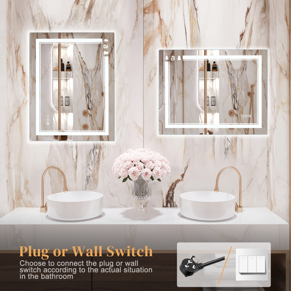 FCH 32*24in Christmas Elements Aluminum Alloy Rectangular Built-In Light Strip With Anti-Fog Touch Adjustable Brightness Power-Off Memory Three-Tone Lighting Bathroom Mirror Silver