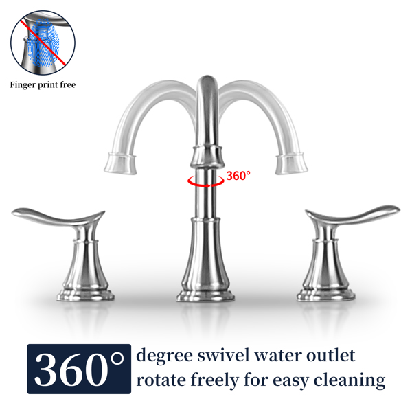 2-Handle 8 inch Widespread Bathroom Sink Faucet Brushed Nickel Lavatory Faucet 3 Hole 360° Swivel Spout Vanity Sink Basin Faucets with Pop Up Drain Assembly and cUPC Water Supply Hoses