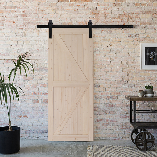 36 in. x 84 in. Unfinished Sliding Barn Door ，K Frame，Solid Spruce Wood，Requires Simple DIY Assembly