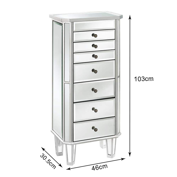 Jewelry Armoire with Silver Mirrored, 7 Drawers & 16 Necklace Hooks,  2 Side Swing Doors