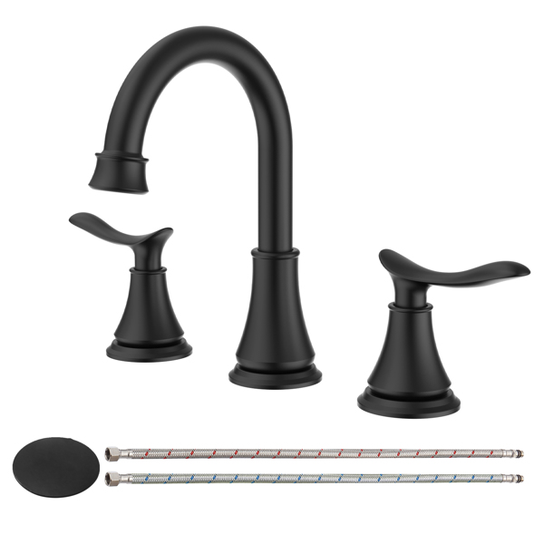 2-Handle 8 inch Widespread Bathroom Sink Faucet Matte Black Lavatory Faucet 3 Hole 360° Swivel Spout Vanity Sink Basin Faucets 3007B-MB[Unable to ship on weekends, please place orders with caution]
