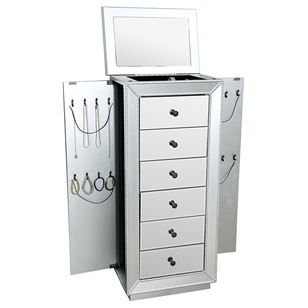 Jewelry Armoire with Silver Mirrored, 6 Drawers & 16 Necklace Hooks,  2 Side Swing Doors
