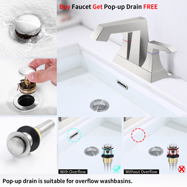 2-Handle Heavy Duty Bathroom Faucet with Drain and Supply Kits, Modern Style Lavatory Deck Mounted Faucet Brushed Nickel 4001-NP[Unable to ship on weekends, please place orders with caution]