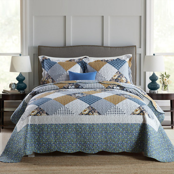 Qucover 3-Piece Queen Quilts Set, Soft Microfiber Reversible Blue Floral Patchwork Quilt Bedspread Queen Size, Quilted Coverlets Bedding Set with 2 Pillowcases, 90x98 Inch