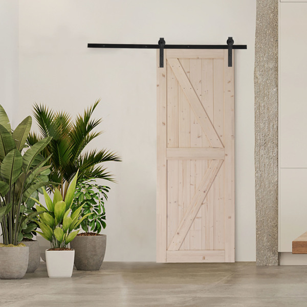 30 in. x 84 in. Unfinished Sliding Barn Door with 5.5FT Barn Door Hardware Kit & Handle ，K Frame，Solid Spruce Wood，Requires Simple DIY Assembly