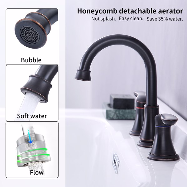2-Handle 8 inch Widespread Bathroom Sink Faucet ‎Oil-Rubbed Bronze Lavatory Faucet 3 Hole 360° Swivel Spout Vanity Sink Basin Faucets with Pop Up Drain Assembly and cUPC Water Supply Hoses[Unable to s