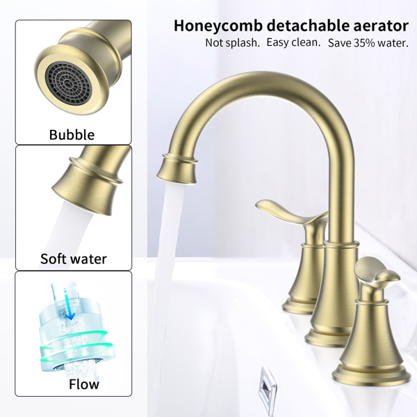 2-Handle 8 inch Widespread Bathroom Sink Faucet Brushed Gold Lavatory Faucet 3 Hole 360° Swivel Spout Vanity Sink Basin Faucets 3007B-NA[Unable to ship on weekends, please place orders with caution]