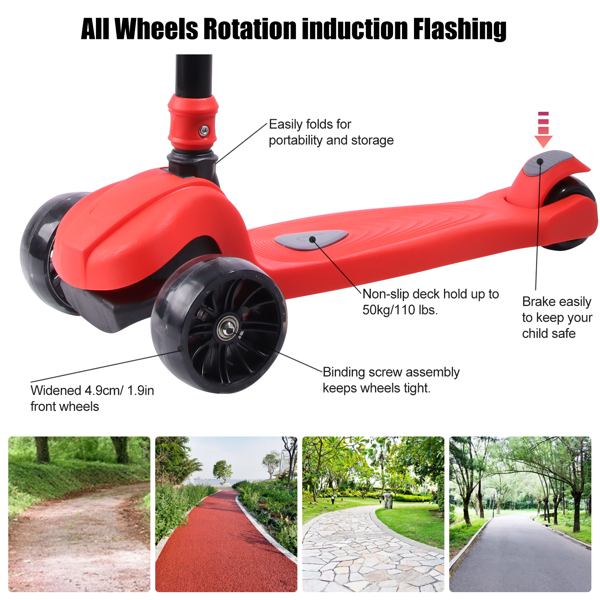  Light-Up 3 Wheels Scooter for Kids, Foldable Adjustable Height Extra Wide Flashing Wheels Anti-Slip Thick Deck, Lean-to-Steer, Gifts for Boys and Girls Ages 3-12 ,Red
