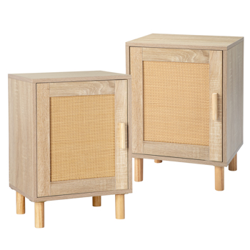 2pcs  40*30*55cm  Particleboard Rattan Single Door Bedside Cabinet Burlywood