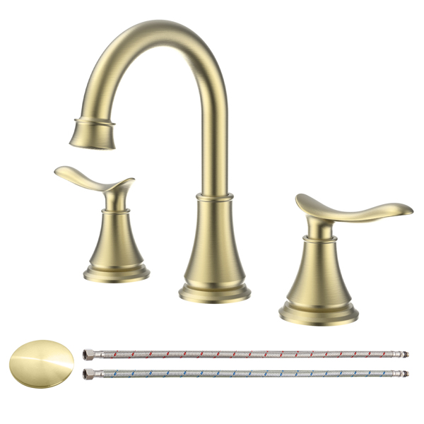 2-Handle 8 inch Widespread Bathroom Sink Faucet Brushed Gold Lavatory Faucet 3 Hole 360° Swivel Spout Vanity Sink Basin Faucets 3007B-NA[Unable to ship on weekends, please place orders with caution]