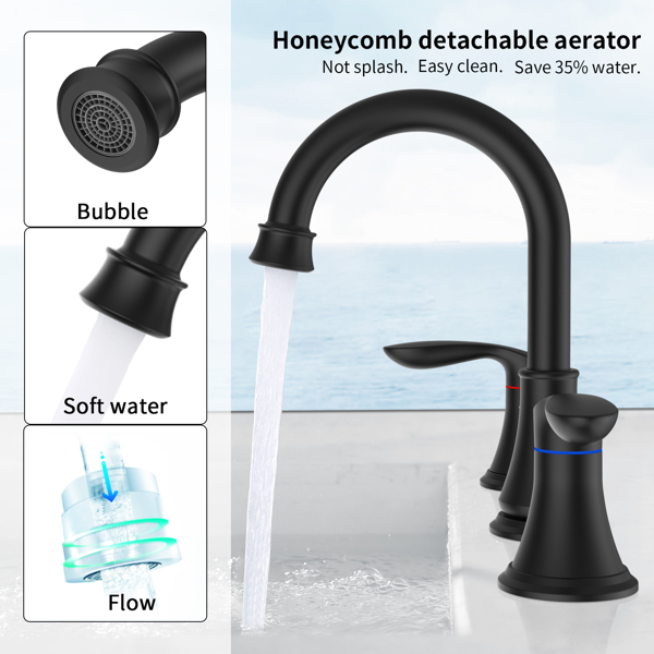 2-Handle 8 inch Widespread Bathroom Sink Faucet Matte Black Lavatory Faucet 3 Hole 360° Swivel Spout Vanity Sink Basin Faucets 3008B-MB[Unable to ship on weekends, please place orders with caution]