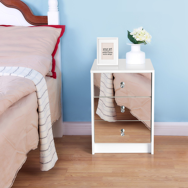 1pc 40*36*56cm FCH Particleboard Mirror Glass  Three-drawer Detachable Bedside Cabinet White
