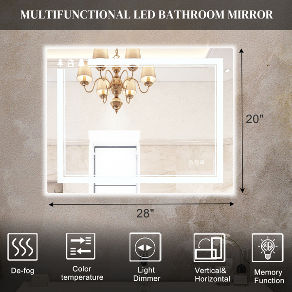 FCH 28*20in Christmas Elements Aluminum Alloy Rectangular Built-In Light Strip With Anti-Fog Touch Adjustable Brightness Power-Off Memory Three-Tone Lighting Bathroom Mirror Silver