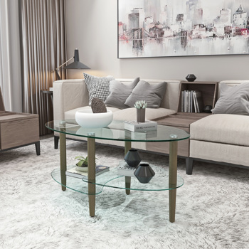 Oval glass coffee table, modern table in living room Oak wood leg tea table 3-layer glass table