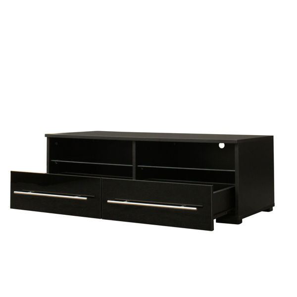 The black TV cabinet has two drawers with color-changing light strips