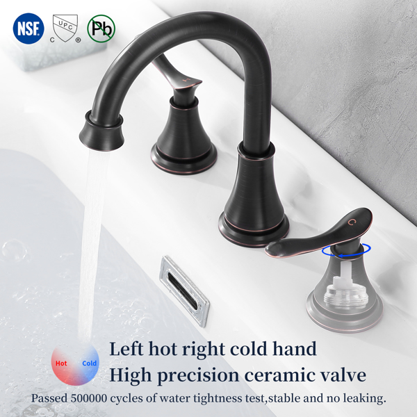 2-Handle 8 inch Widespread Bathroom Sink Faucet Oil Rubbed Bronze Lavatory Faucet 3 Hole 360° Swivel Spout Vanity Sink Basin Faucets with Pop Up Drain Assembly and cUPC Water Supply Hoses[Unable to sh