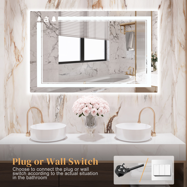 FCH 40*24in Christmas Elements Aluminum Alloy Rectangular Built-In Light Strip With Anti-Fog Touch Adjustable Brightness Power-Off Memory Three-Tone Lighting Bathroom Mirror Silver