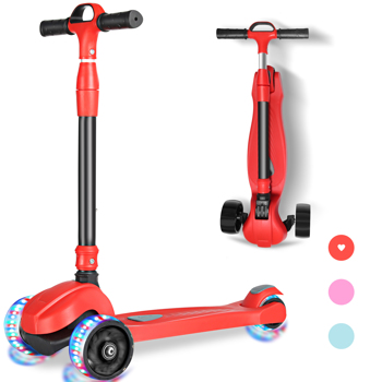  Light-Up 3 Wheels Scooter for Kids, Foldable Adjustable Height Extra Wide Flashing Wheels Anti-Slip Thick Deck, Lean-to-Steer, Gifts for Boys and Girls Ages 3-12 ,Red