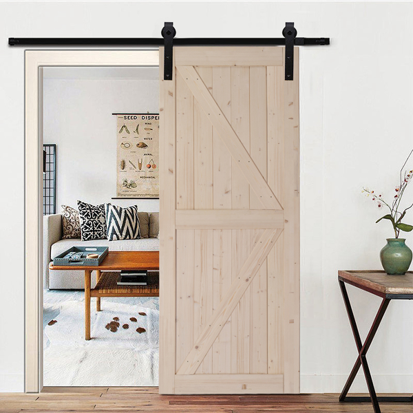 36 in. x 84 in. Unfinished Sliding Barn Door with 6.6FT Barn Door Hardware Kit & Handle ，K Frame，Solid Spruce Wood，Requires Simple DIY Assembly