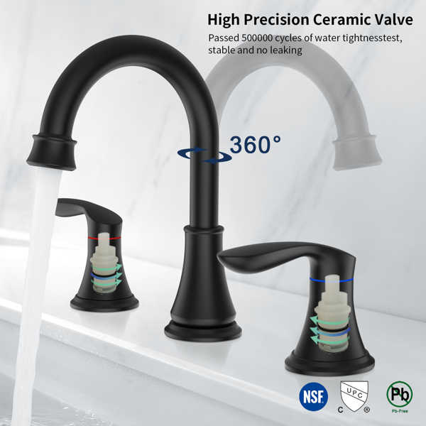 2-Handle 8 inch Widespread Bathroom Sink Faucet Matte Black Lavatory Faucet 3 Hole 360° Swivel Spout Vanity Sink Basin Faucets 3008B-MB[Unable to ship on weekends, please place orders with caution]