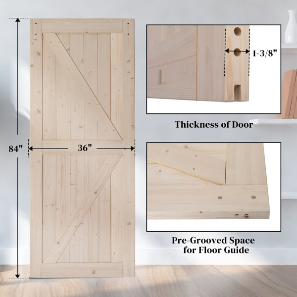 36 in. x 84 in. Unfinished Sliding Barn Door with 6.6FT Barn Door Hardware Kit & Handle ，K Frame，Solid Spruce Wood，Requires Simple DIY Assembly