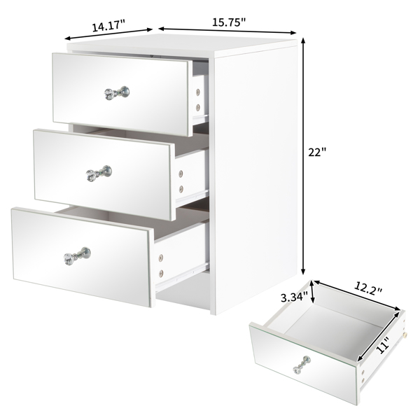 1pc 40*36*56cm FCH Particleboard Mirror Glass  Three-drawer Detachable Bedside Cabinet White