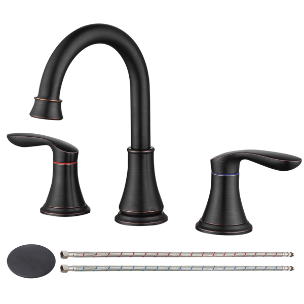 2-Handle 8 inch Widespread Bathroom Sink Faucet ‎Oil-Rubbed Bronze Lavatory Faucet 3 Hole 360° Swivel Spout Vanity Sink Basin Faucets with Pop Up Drain Assembly and cUPC Water Supply Hoses[Unable to s