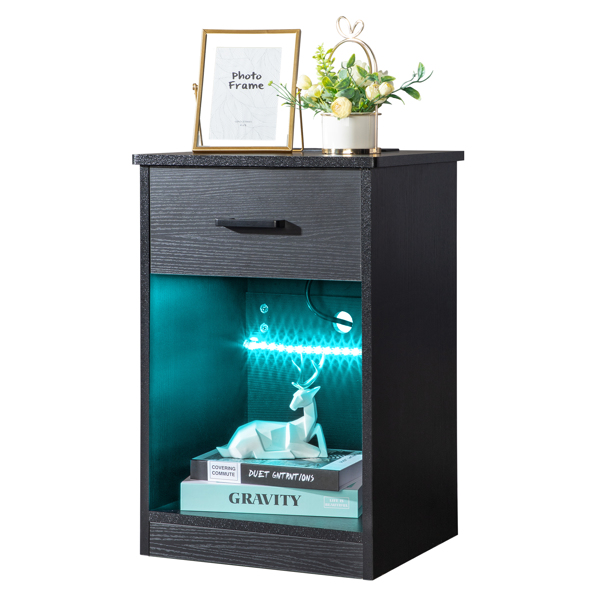 FCH 40*35*60cm Particleboard Pasted Triamine Single Drawer With Socket With LED Light Bedside Table Black