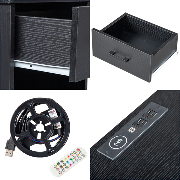 FCH 40*35*60cm Particleboard Pasted Triamine Two Drawers With Socket With LED Light Bedside Table Black
