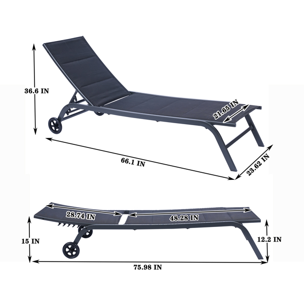 Outdoor 2-Pcs Set Chaise Lounge Chairs, Five-Position Adjustable Metal Recliner， Black  [Sale to Temu is Banned.Weekend can not be shipped, order with caution]