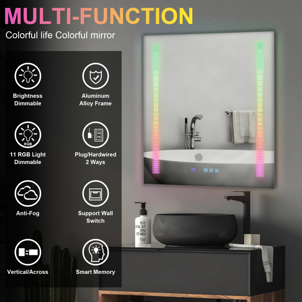 FCH 36*28in Symphony Elements Aluminum Alloy Rectangular Built-In Light Strip With Anti-Fog Touch Adjustable Brightness Power-Off Memory Three-Tone Lighting Bathroom Mirror Silver