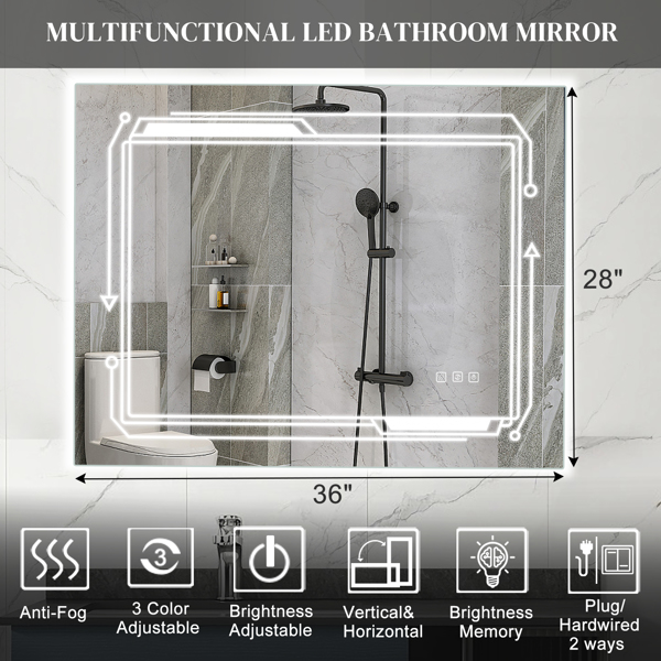 FCH 36*28in Geometric Elements Aluminum Alloy Rectangular Built-In Light Strip With Anti-Fog Touch Adjustable Brightness Power-Off Memory Three-Tone Lighting Bathroom Mirror Silver