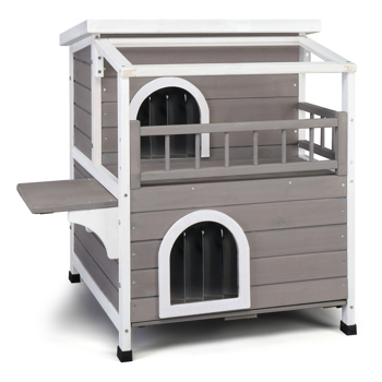 HOBBYZOO Wooden Cat house 2-Story Indoor Outdoor Luxurious Cat Shelter House with Transparent Canopy, Large Balcony, Openable Weatherproof Roof,Double escape door, Grey&White