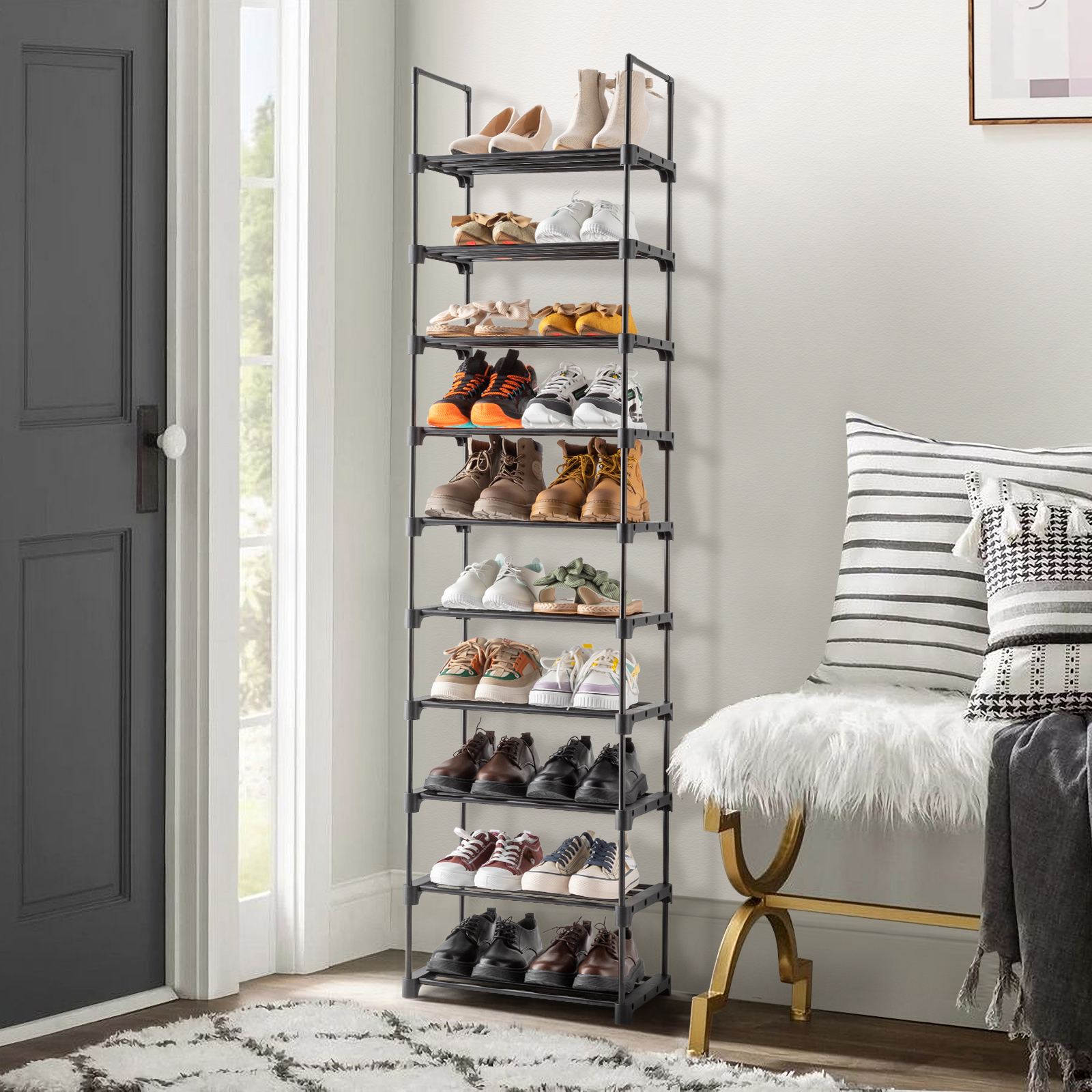 Black Iron Shoe Rack Multi Tier Stowing And Tidying Storage Unit_voghion.com