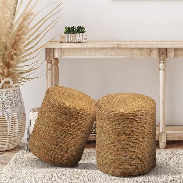 Ottoman Poof, Natural Seagrass Poufs, Hand Weave Round Footstool, Pouffe Accent Chair, Sitting Braided Footrest W/Jute Cover, Home Decorative Seat, Boho Chair for Living Room, Bedroom