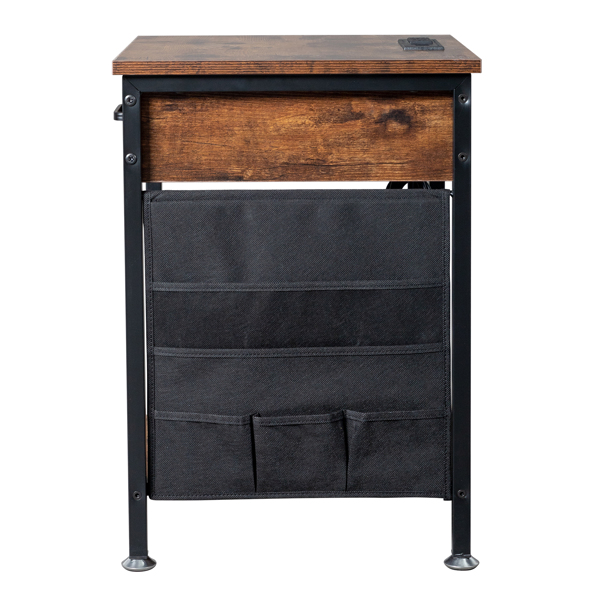 FCH Antique Wood Grain Color Particleboard Pasted With Triamine Black Iron Pipe, With Removable Felt Storage Bag On The Side, And 1.5M Long Power Cord USB Socket Bedside Cabinet