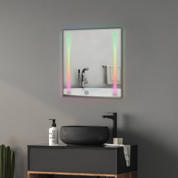 FCH 28*20in Symphony Elements Aluminum Alloy Rectangular Built-In Light Strip With Anti-Fog Touch Adjustable Brightness Power-Off Memory Three-Tone Lighting Bathroom Mirror Silver