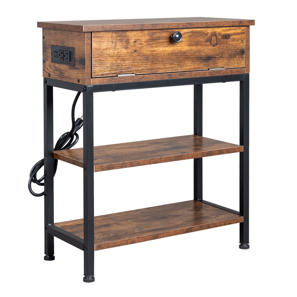 FCH Antique Wood Grain Color Particleboard Pasted With Triamine Black Iron Pipe Side Door 2-Layer Frame Bedside Cabinet With 1.5M Long Power Cord USB Socket