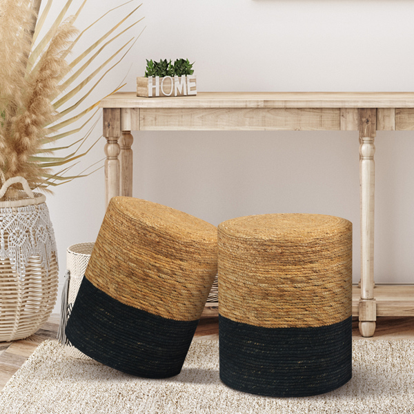 Ottoman Poof, Natural Seagrass Poufs, Hand Weave Round Footstool, Pouffe Accent Chair, Sitting Braided Footrest W/Jute Cover, Home Decorative Seat, Boho Chair for Living Room, Bedroom