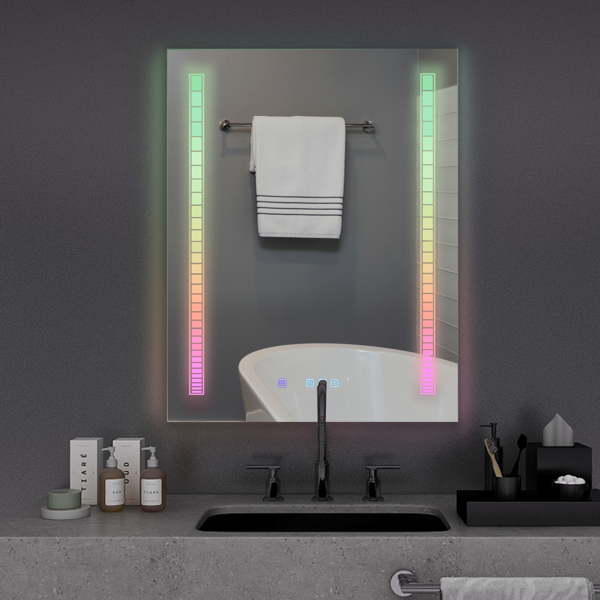 FCH 36*28in Symphony Elements Aluminum Alloy Rectangular Built-In Light Strip With Anti-Fog Touch Adjustable Brightness Power-Off Memory Three-Tone Lighting Bathroom Mirror Silver