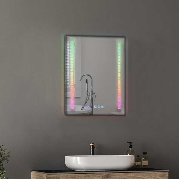 FCH 28*20in Symphony Elements Aluminum Alloy Rectangular Built-In Light Strip With Anti-Fog Touch Adjustable Brightness Power-Off Memory Three-Tone Lighting Bathroom Mirror Silver