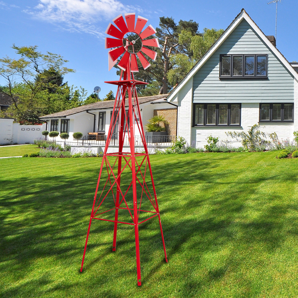 8FT Weather Resistant Yard Garden Windmill Red 