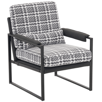 Single Iron Frame Chair, Soft Bag, Black And White Grid, Armrest Frame, Dark Gray Honeycomb Leather, Indoor Leisure Chair