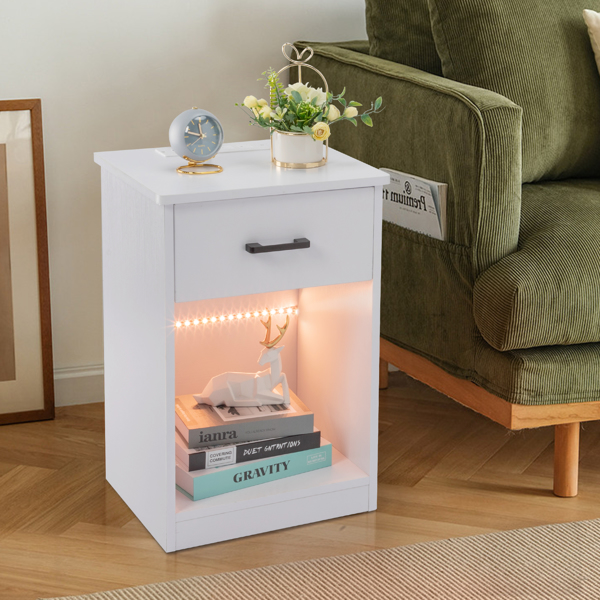 FCH 40*35*60cm Particleboard Pasted Triamine Single Drawer With Socket With LED Light Bedside Table White