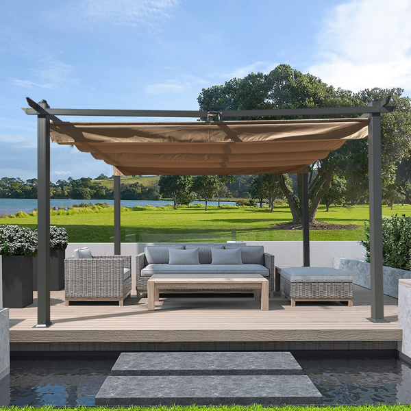13 x 10 Ft Outdoor Patio Retractable Pergola，Beige [Sale to Temu is Banned.Weekend can not be shipped, order with caution]